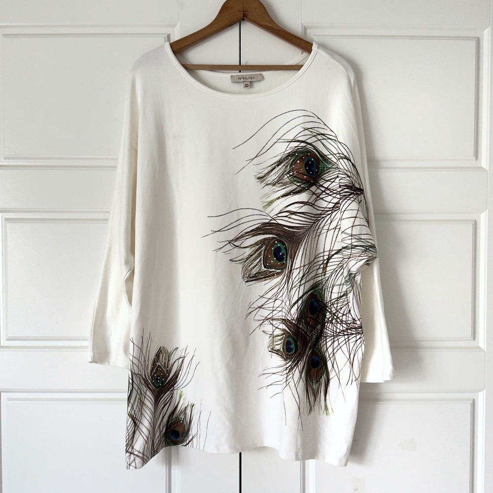 Astrologie Peacock Feather Oversized Knit Top Womens XXL Cream Artsy Rhinestones